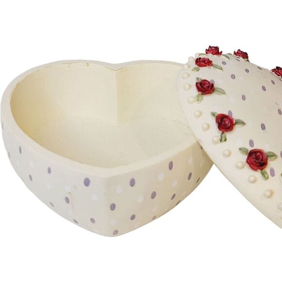Vintage Large Heart Shaped Lidded Trinket Box With 3D Flowers Hand Painted - Picture 12 of 14